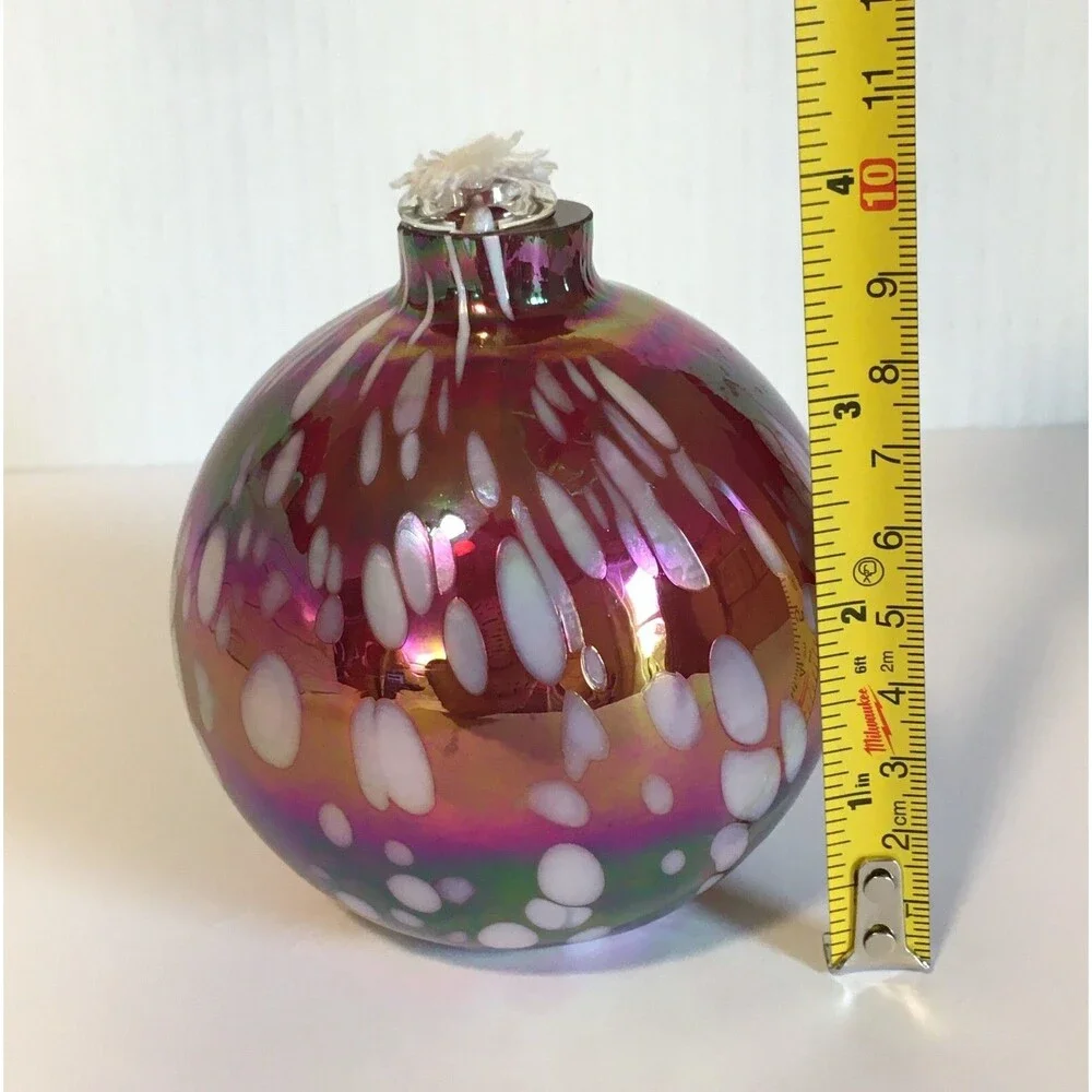 Pottery Barn Glass Oil Lamp Red White Hand Blown Art Glass Unused Iridescent